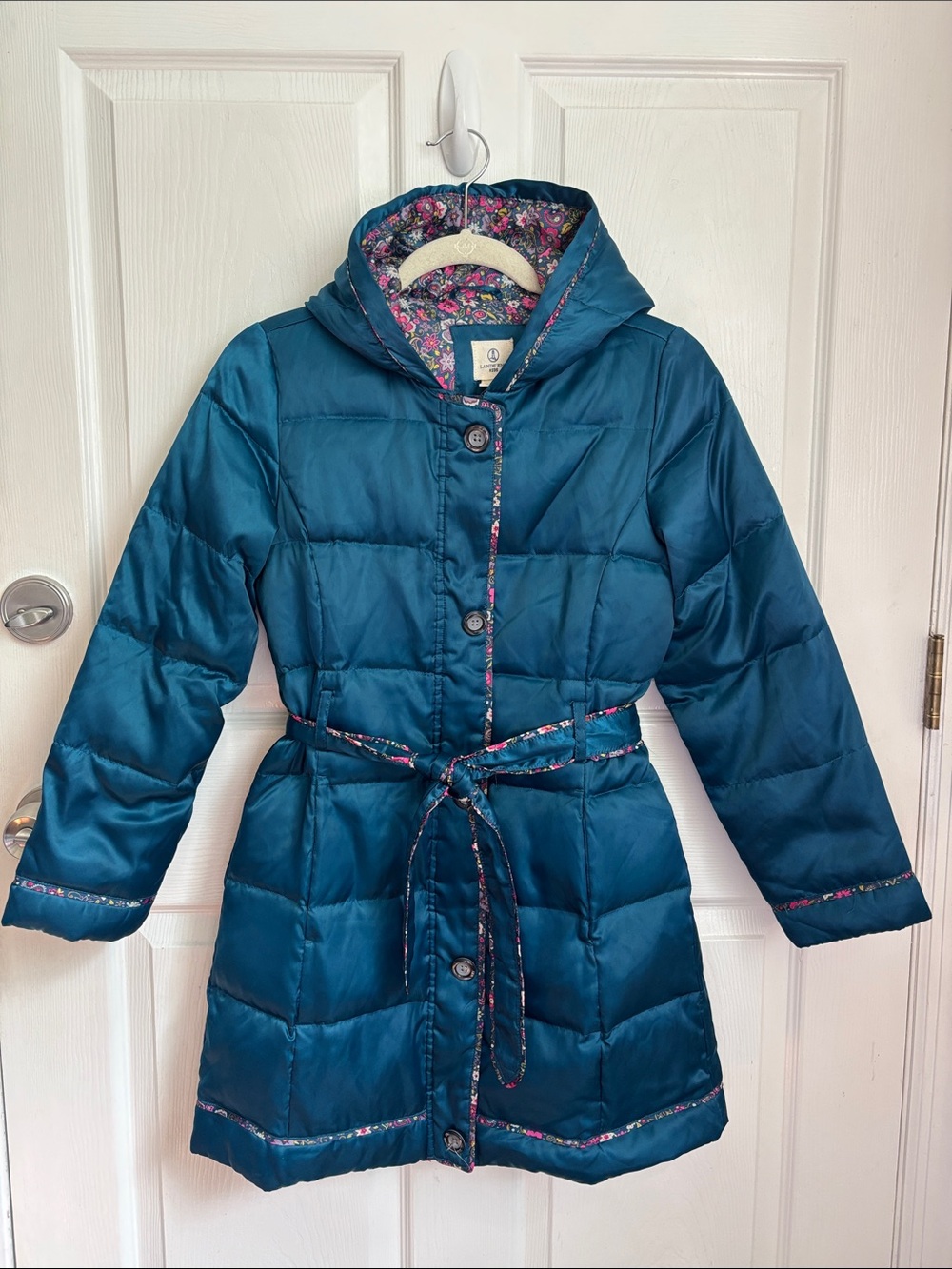 Lands' End Kids Teal Hooded Puffer Coat with Floral Trim waist tie size M 10-12